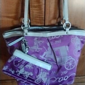 Coach purple and white signature carriage tote and wristlet